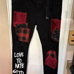 GFTD LOS ANGELES Black and Red Men's Jeans with Patchwork.